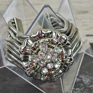 Premier Designs Wide Bracelet Rhinestone Flower Multi Chain Layered Silv…